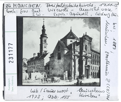 Vorschaubild München: Dreifaltigkeitskirche, Aussenansicht, Sepiaaquarell von Ludwig Huber, 1887 